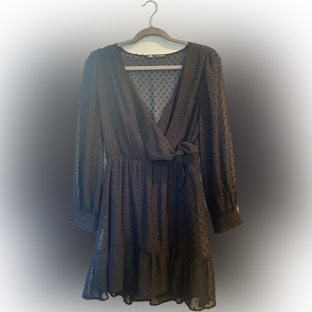 Zara Little Black Dress Romper Swiss Dot LBD Small Faux Wrap